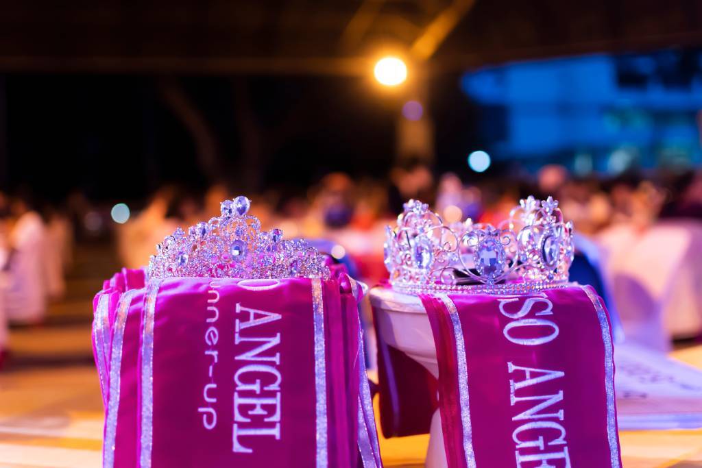 After the pageant talents showcase, crowns and ribbons are displayed before contestants.