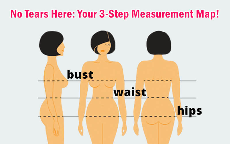 Diagram showing exactly where to place the tape measure for bust, waist, and hip measurements to ensure a proper formal dress fit
