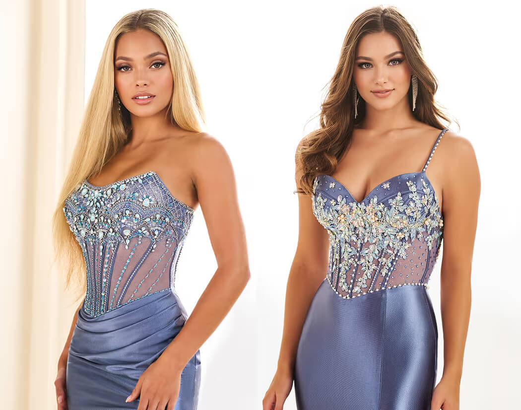 Slate blue prom dress showcasing the trending sophisticated color